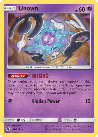 Unown (92/214) [Sun & Moon: Lost Thunder] Reverse Holofoil